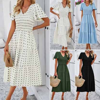 Polka Dot A-Line Midi Dress with Shirred Bodice and V-Neck