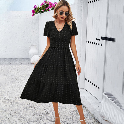 Polka Dot A-Line Midi Dress with Shirred Bodice and V-Neck