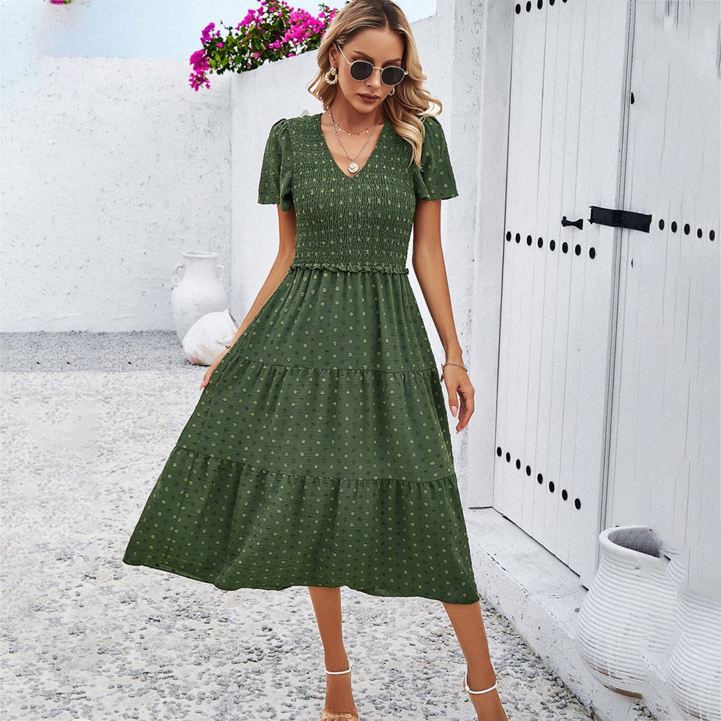 Polka Dot A-Line Midi Dress with Shirred Bodice and V-Neck