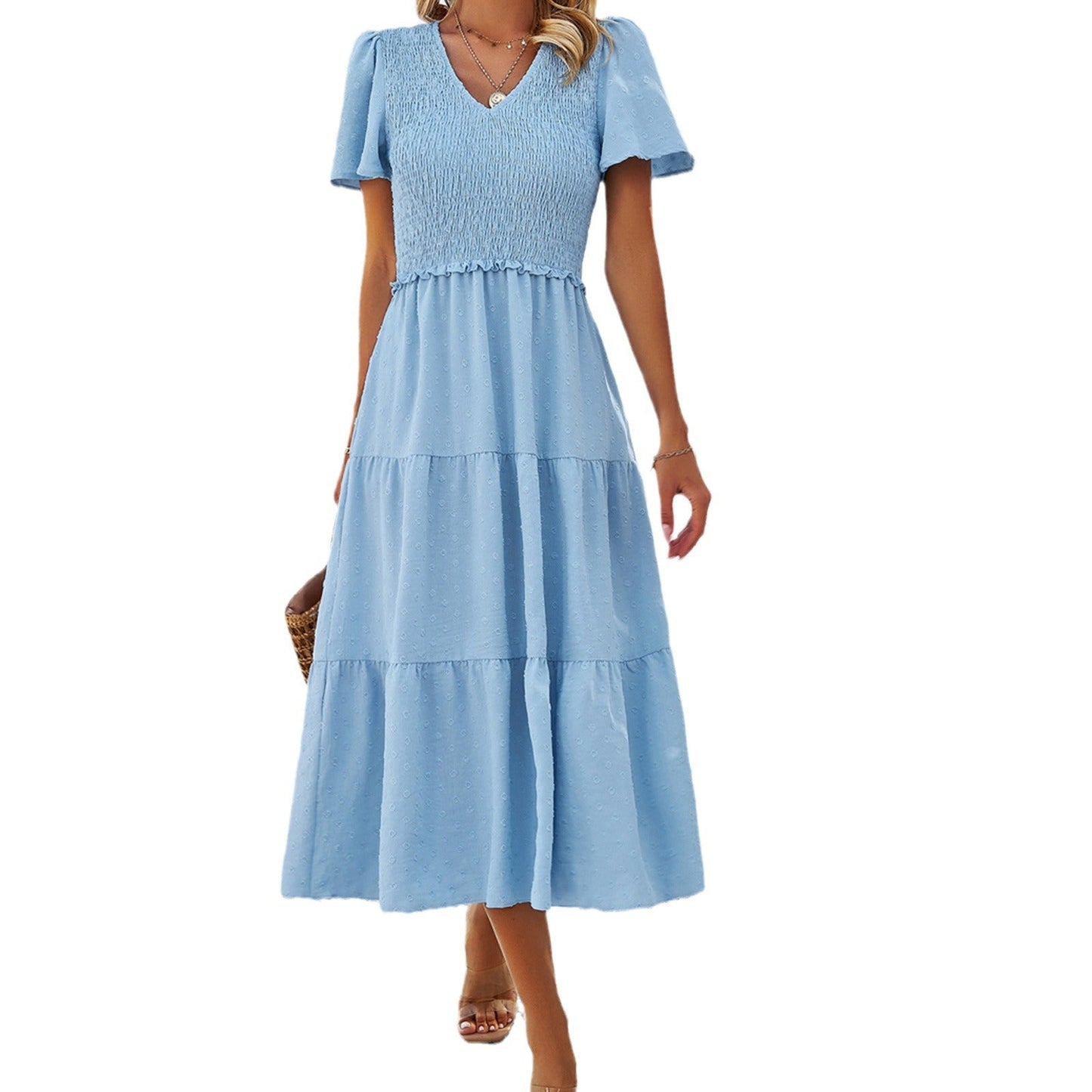 Polka Dot A-Line Midi Dress with Shirred Bodice and V-Neck