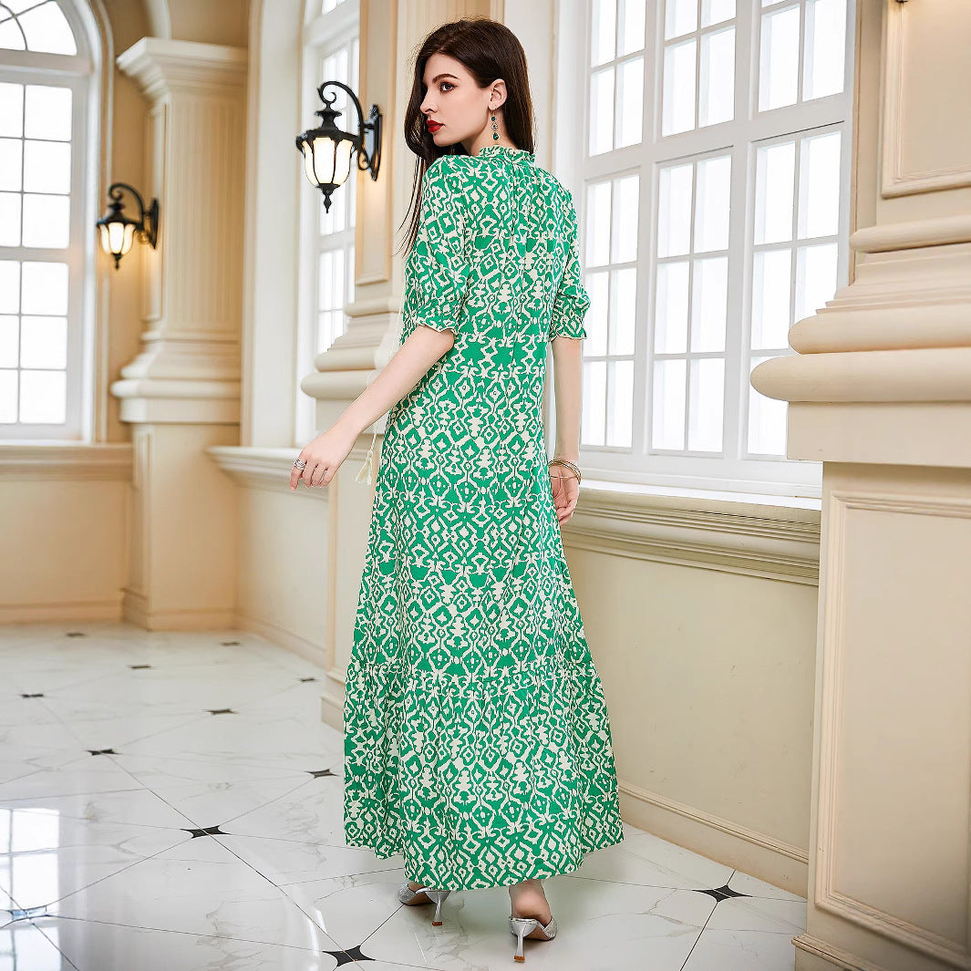 Tiered Geometric Midi Dress with V-Neck and Tassel Tie
