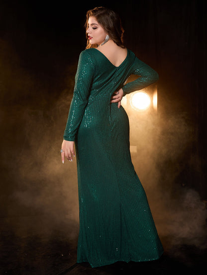 Sequined Maxi Dress with V-Neck and High Slit