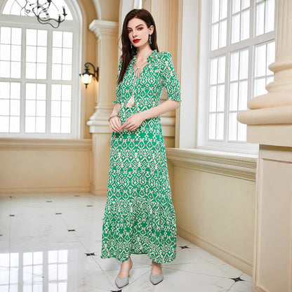 Tiered Geometric Midi Dress with V-Neck and Tassel Tie