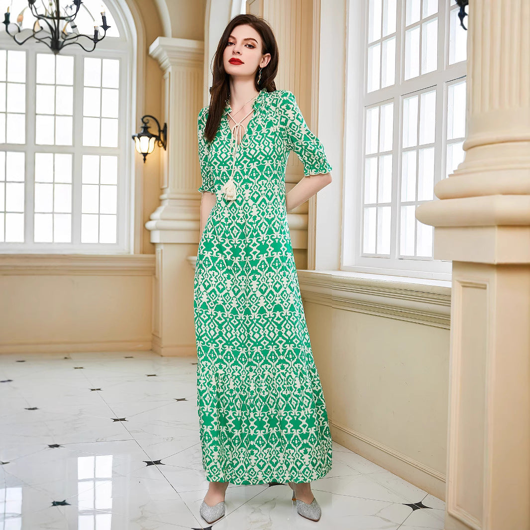 Tiered Geometric Midi Dress with V-Neck and Tassel Tie