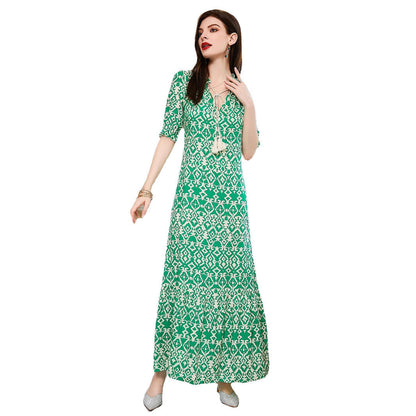 Tiered Geometric Midi Dress with V-Neck and Tassel Tie