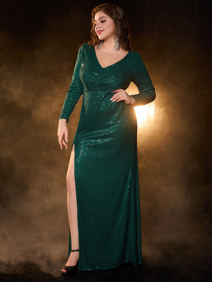 Sequined Maxi Dress with V-Neck and High Slit