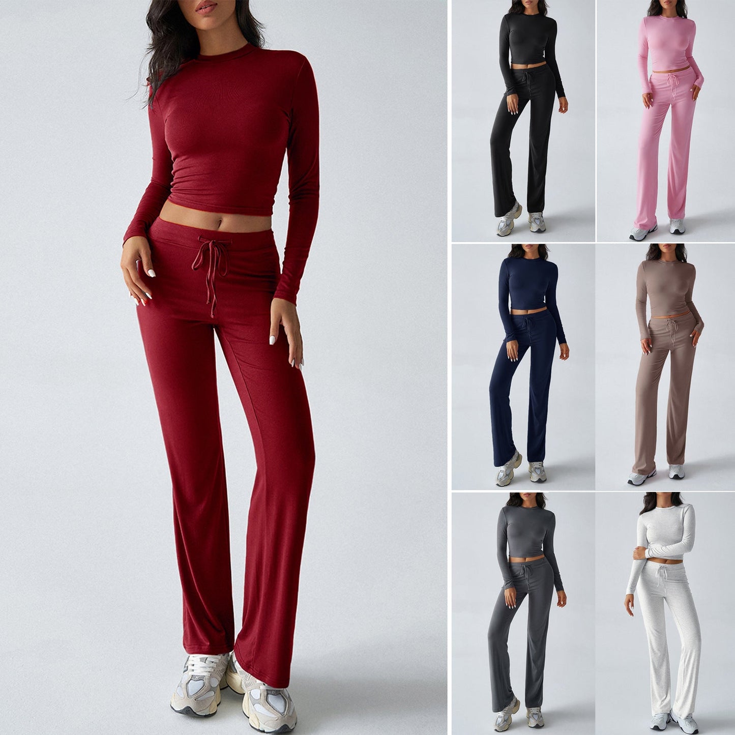 Solid Cropped Long-Sleeve Top & Straight-Leg Pants Loungewear Set