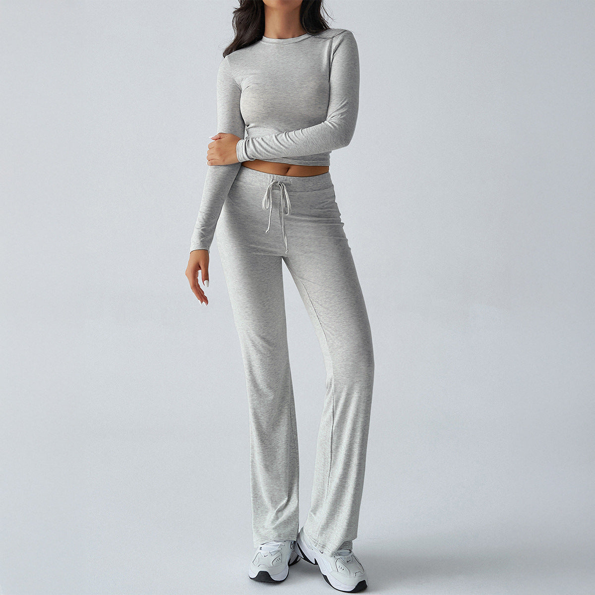 Solid Cropped Long-Sleeve Top & Straight-Leg Pants Loungewear Set