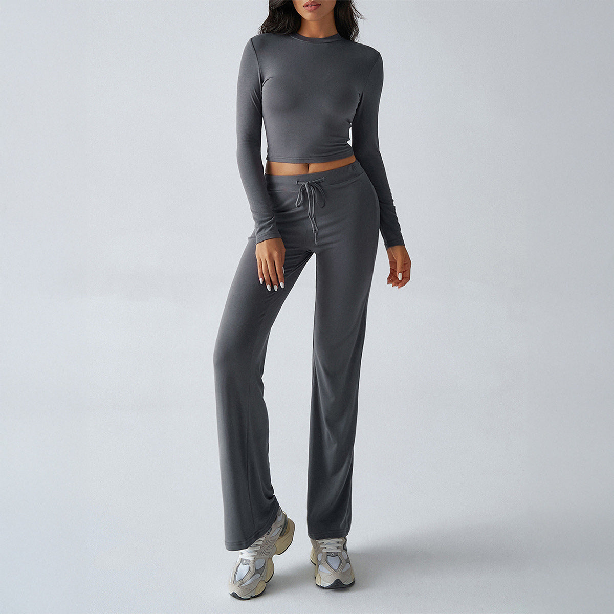 Solid Cropped Long-Sleeve Top & Straight-Leg Pants Loungewear Set