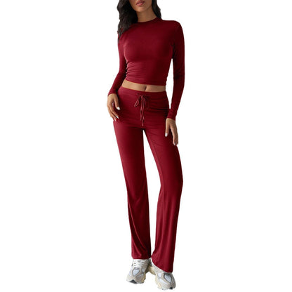 Solid Cropped Long-Sleeve Top & Straight-Leg Pants Loungewear Set