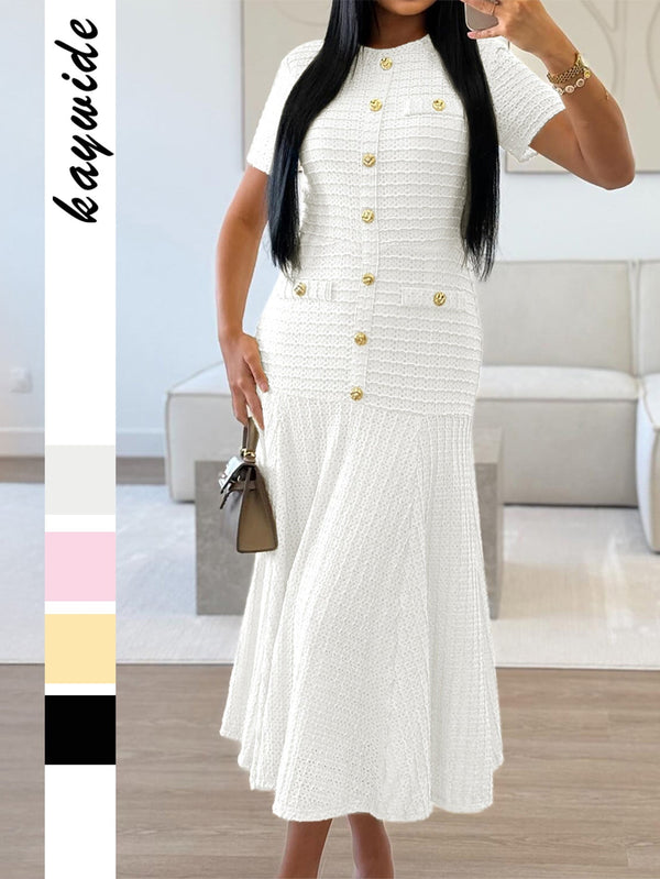 Textured Knit A-Line Midi Dress with Button Front