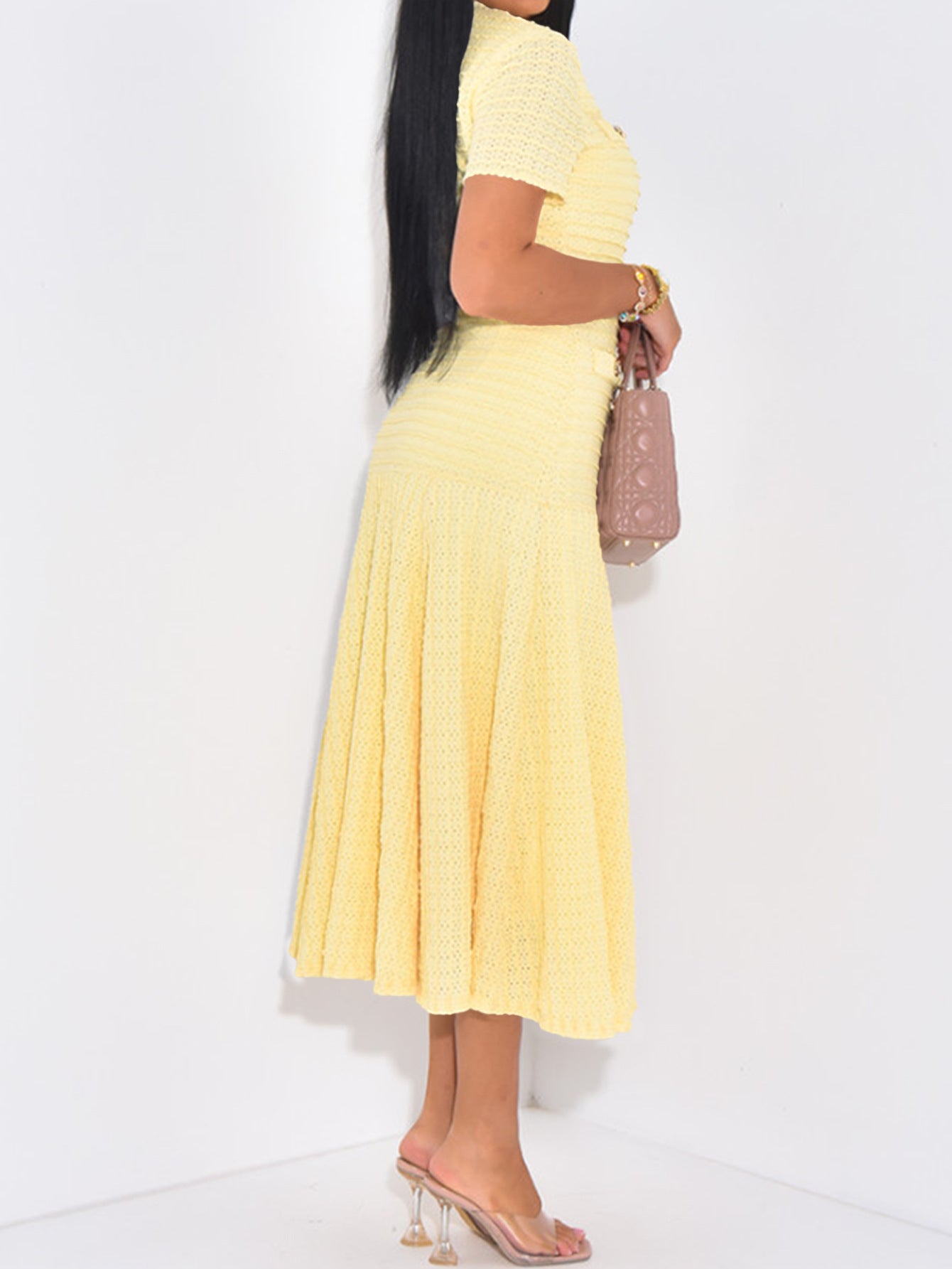 Textured Knit A-Line Midi Dress with Button Front