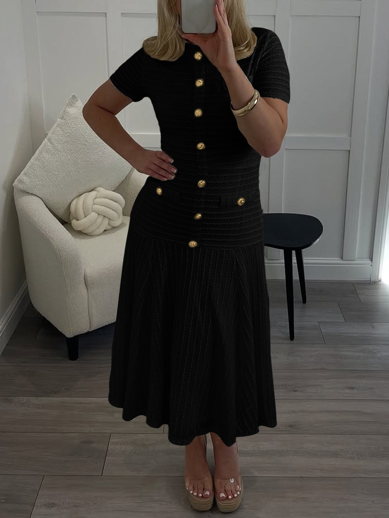 Textured Knit A-Line Midi Dress with Button Front