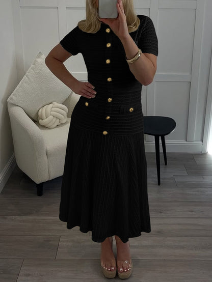Textured Knit A-Line Midi Dress with Button Front