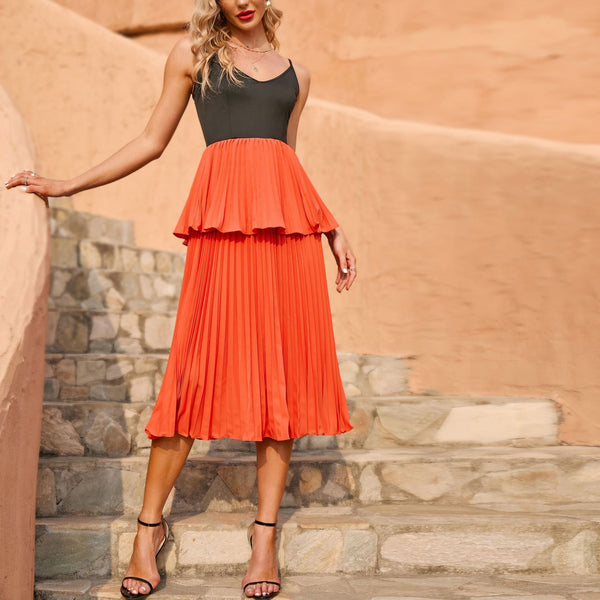 Color Block Midi Dress with V-Neck Cami and Tiered Pleated Skirt