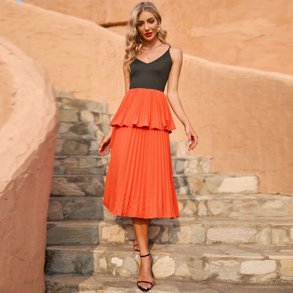 Color Block Midi Dress with V-Neck Cami and Tiered Pleated Skirt