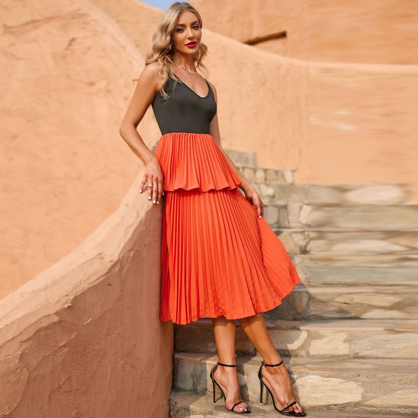 Color Block Midi Dress with V-Neck Cami and Tiered Pleated Skirt