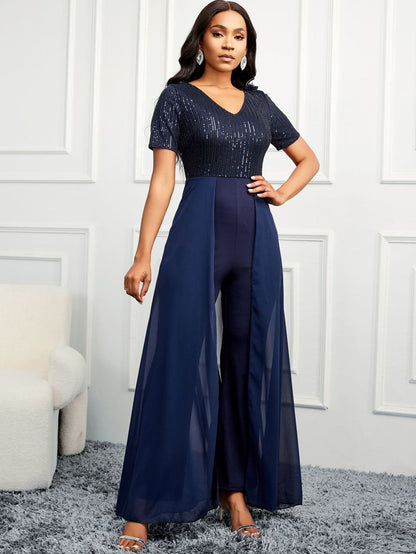 Navy Jumpsuit with Sequined Bodice and Sheer Skirt Overlay