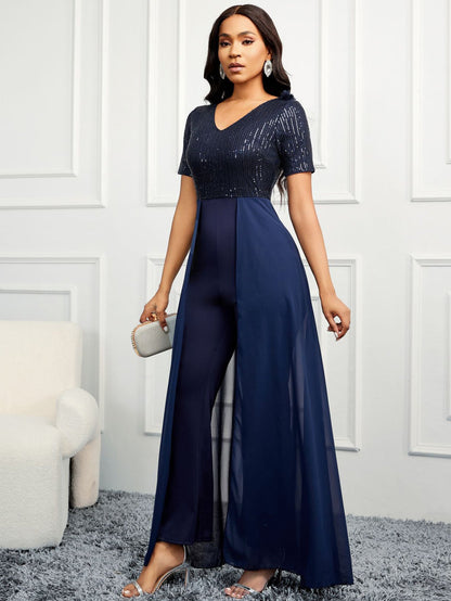 Navy Jumpsuit with Sequined Bodice and Sheer Skirt Overlay