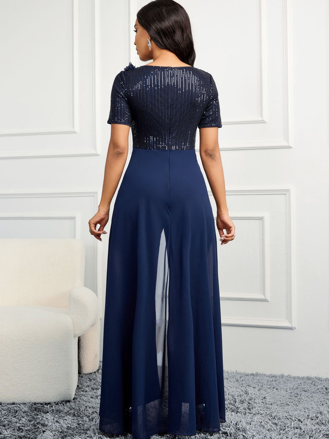 Navy Jumpsuit with Sequined Bodice and Sheer Skirt Overlay