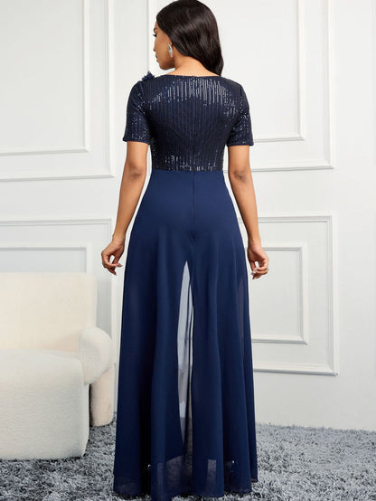 Navy Jumpsuit with Sequined Bodice and Sheer Skirt Overlay