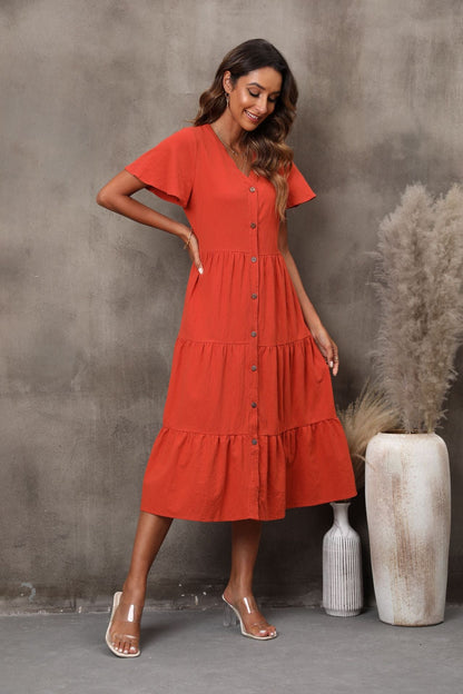 Solid Tiered Midi Dress with V-Neck and Button Front