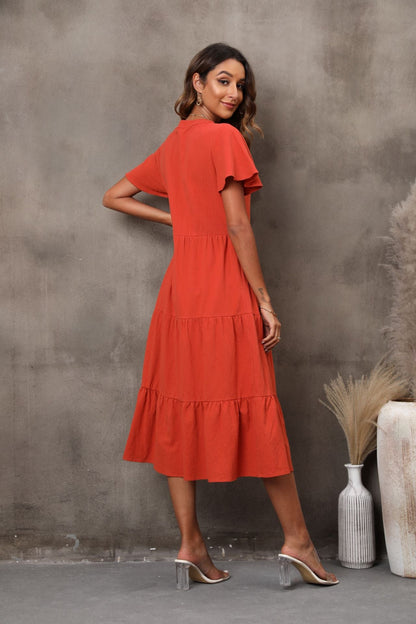 Solid Tiered Midi Dress with V-Neck and Button Front