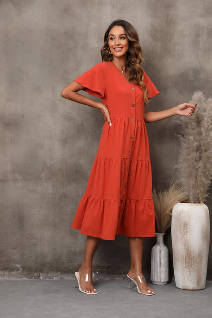 Solid Tiered Midi Dress with V-Neck and Button Front