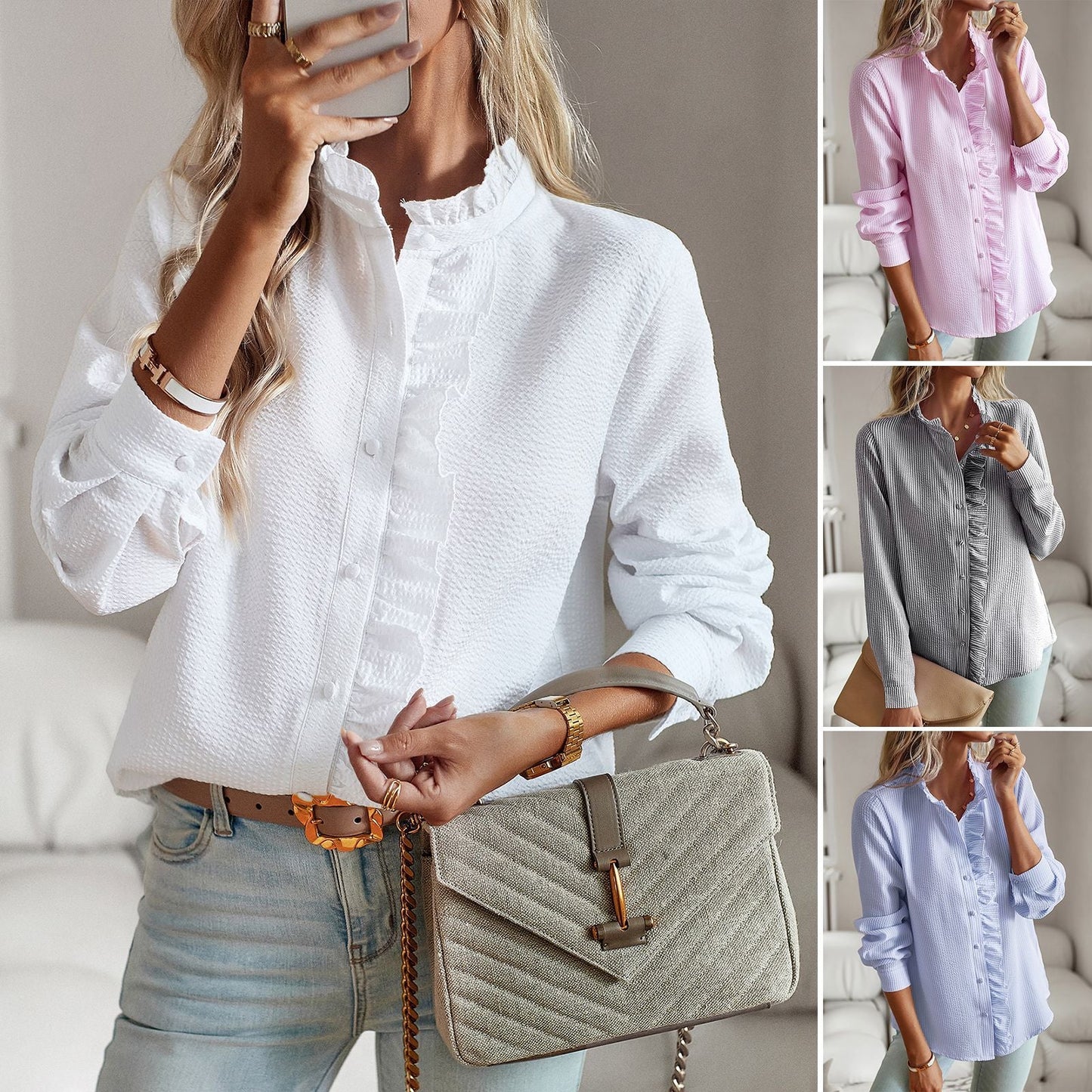 Long-Sleeve Button-Down Shirt with Ruffled Collar and Placket