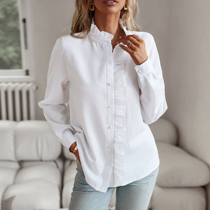 Long-Sleeve Button-Down Shirt with Ruffled Collar and Placket