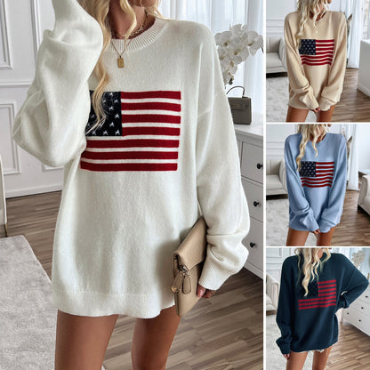 Oversized American Flag Pullover Sweater with Round Neck
