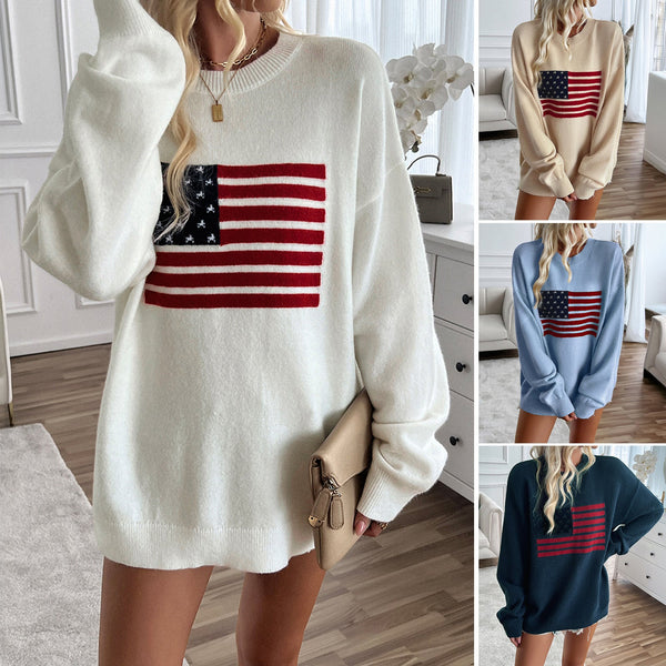 Oversized American Flag Pullover Sweater with Round Neck