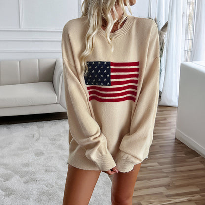 Oversized American Flag Pullover Sweater with Round Neck