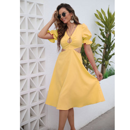 A-Line Midi Dress with V-Neck and Waist Cut-Outs