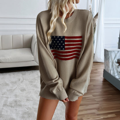 Oversized American Flag Pullover Sweater with Round Neck
