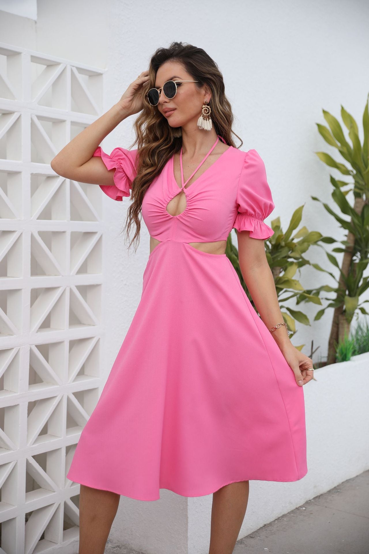 A-Line Midi Dress with V-Neck and Waist Cut-Outs