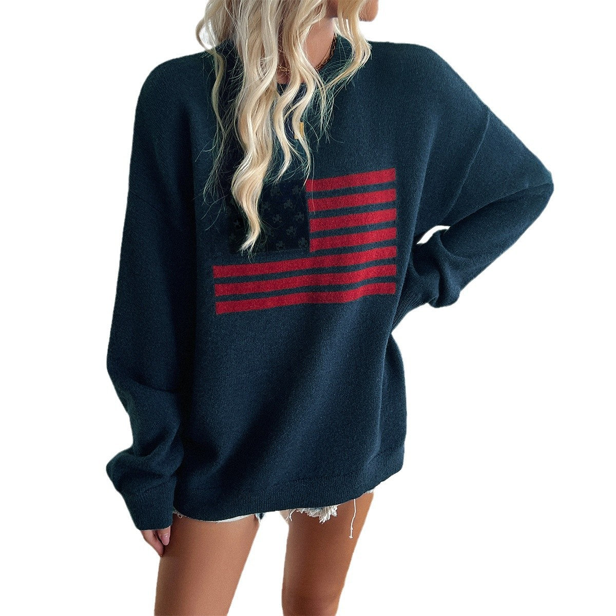 Oversized American Flag Pullover Sweater with Round Neck