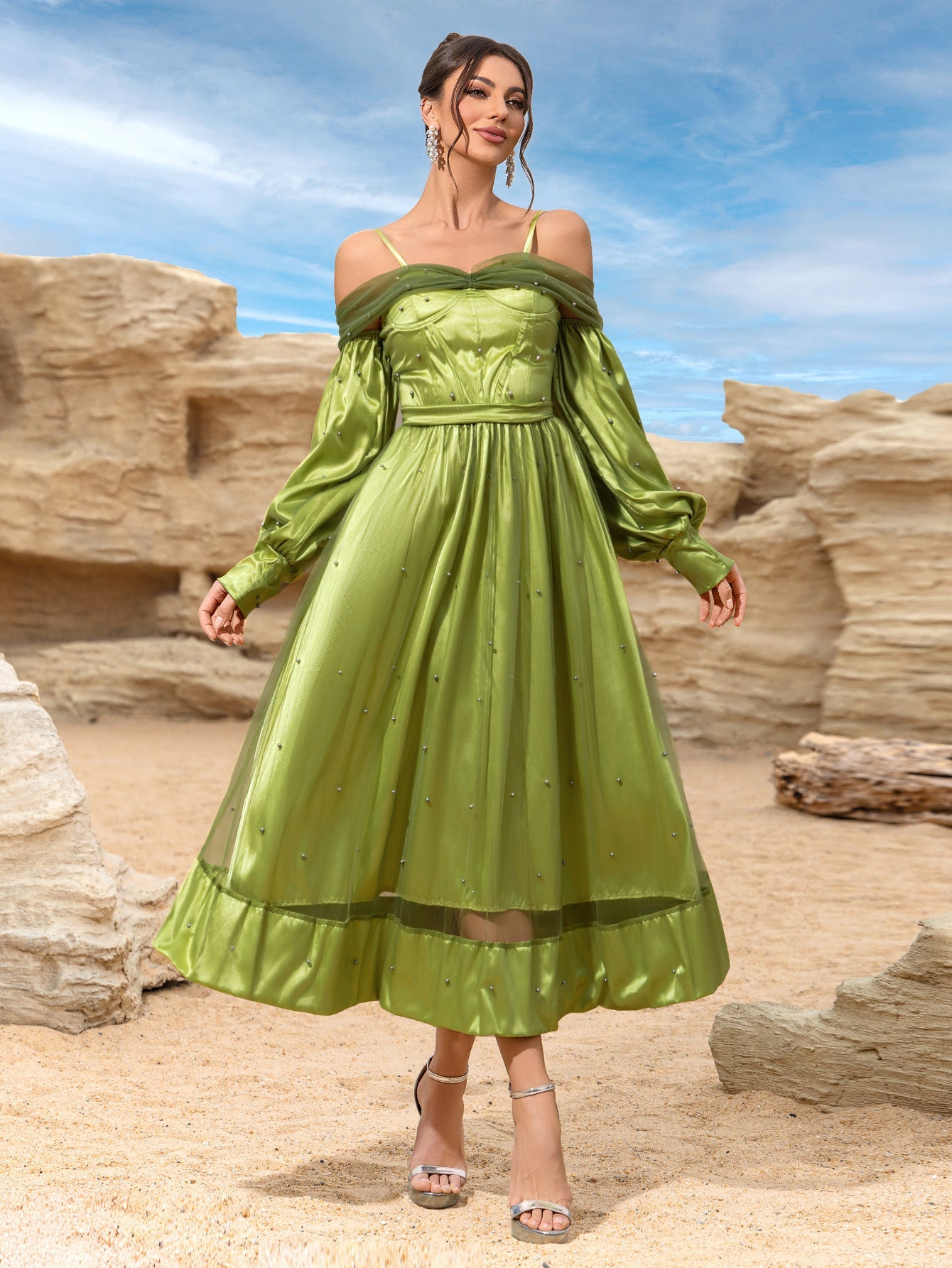 Off-Shoulder Satin Midi Dress with Beaded Skirt