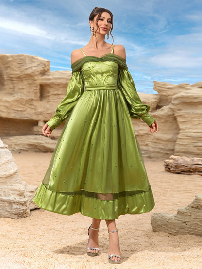 Off-Shoulder Satin Midi Dress with Beaded Skirt
