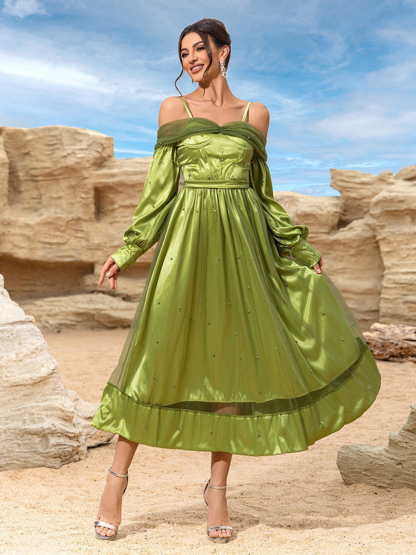 Off-Shoulder Satin Midi Dress with Beaded Skirt