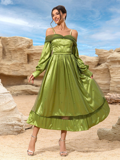 Off-Shoulder Satin Midi Dress with Beaded Skirt