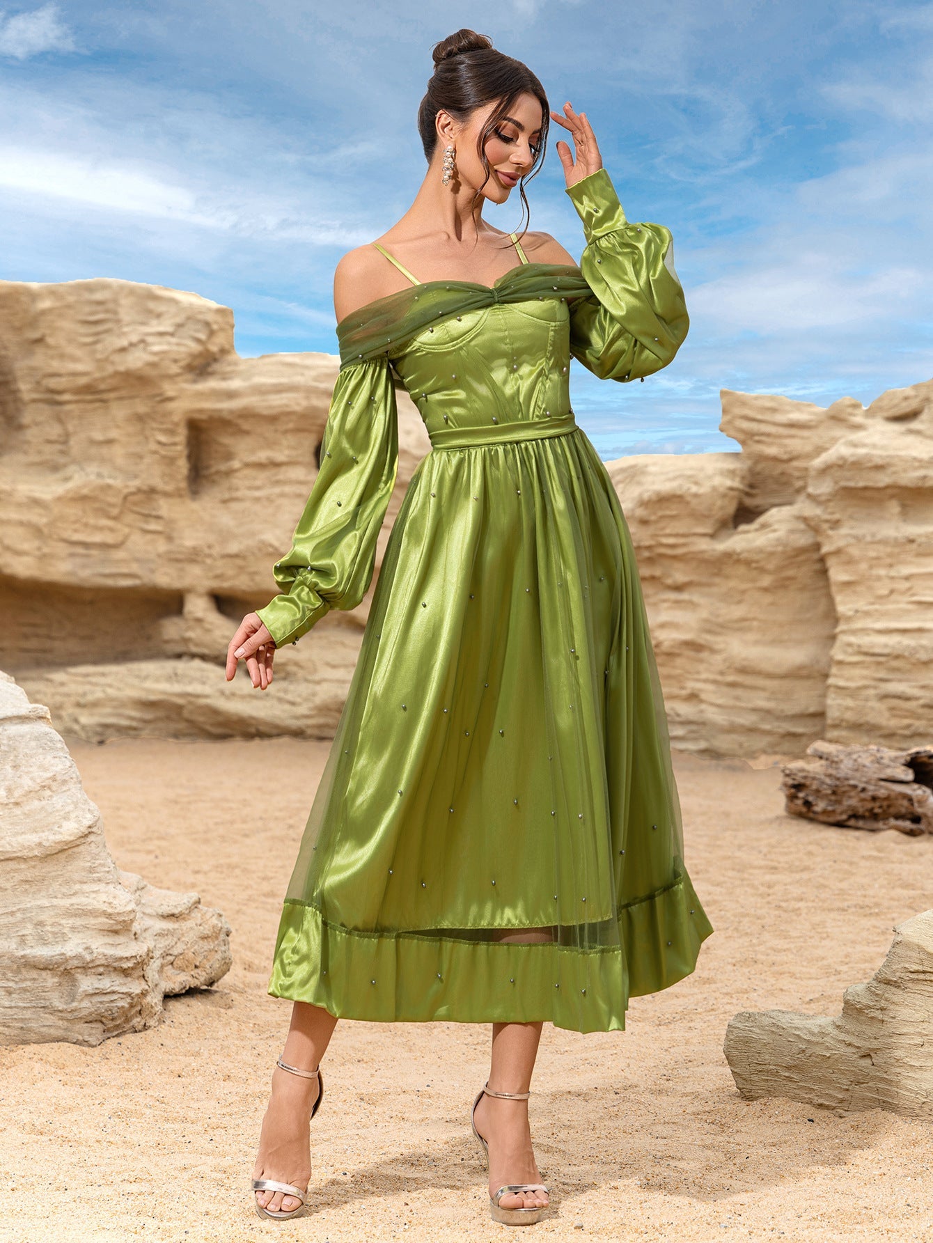 Off-Shoulder Satin Midi Dress with Beaded Skirt
