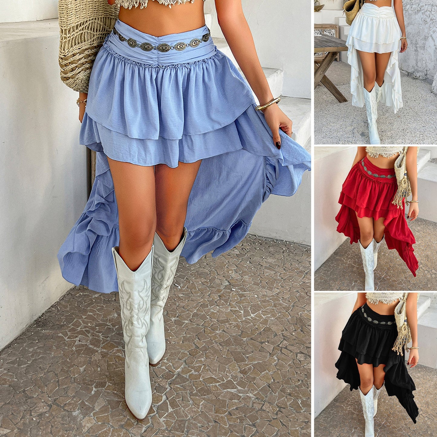 High-Waist Tiered Skirt with High-Low Hem