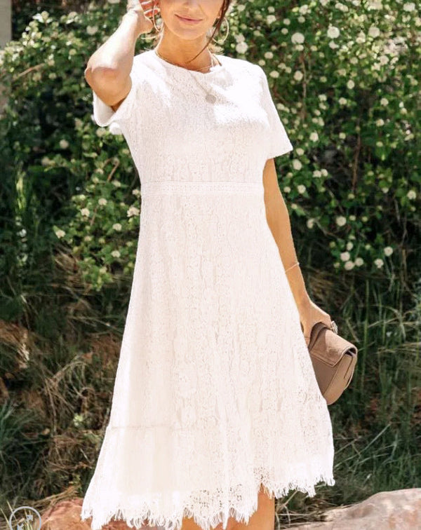 Lace A-Line Midi Dress with Short Sleeves and Round Neck