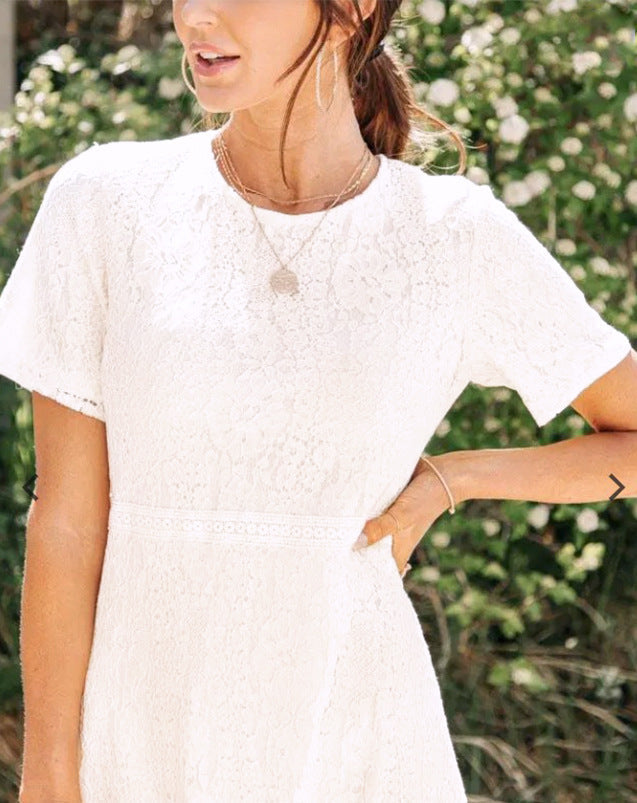 Lace A-Line Midi Dress with Short Sleeves and Round Neck