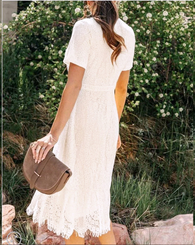 Lace A-Line Midi Dress with Short Sleeves and Round Neck