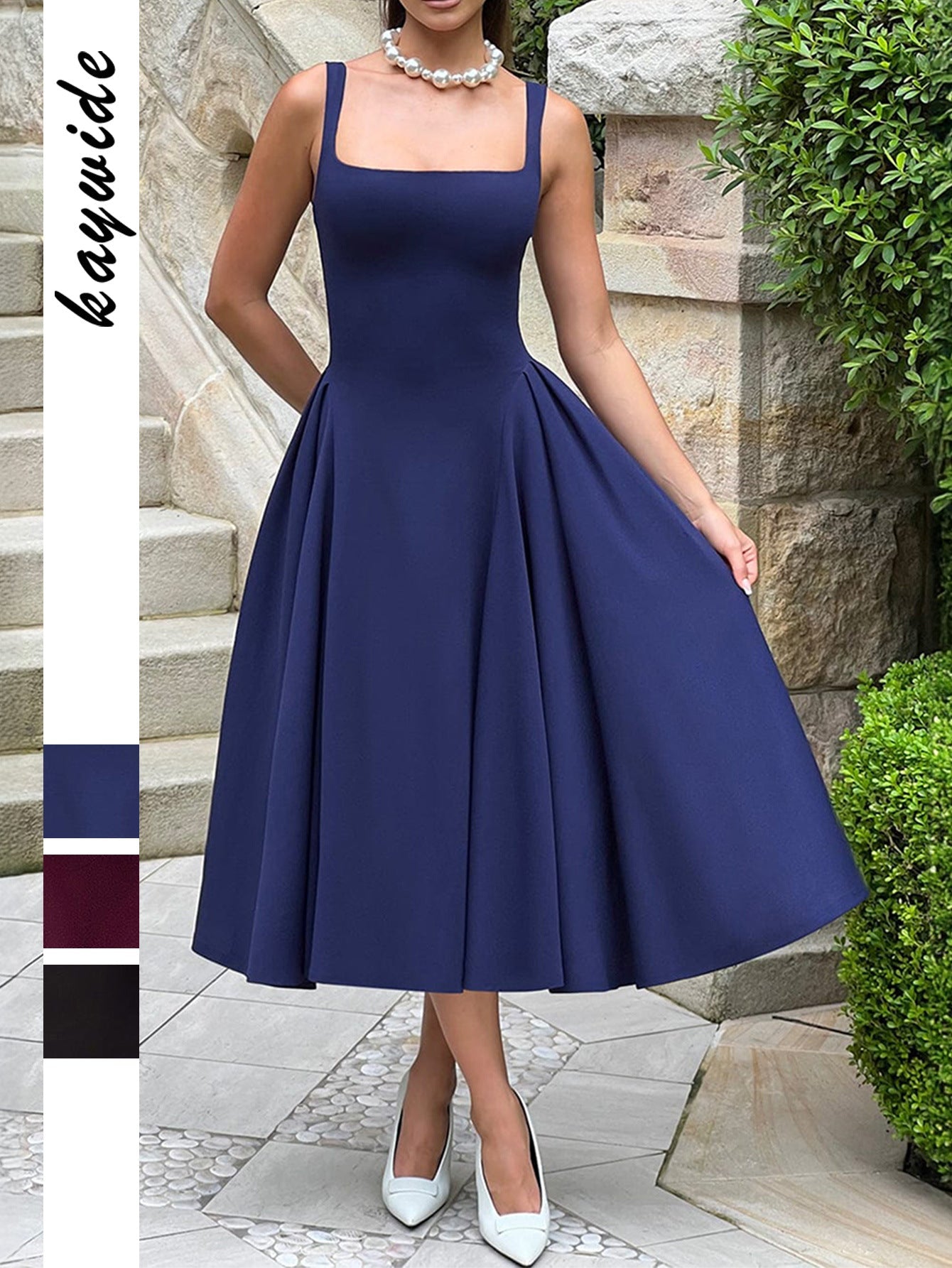 A-Line Midi Dress with Square Neckline and Wide Straps