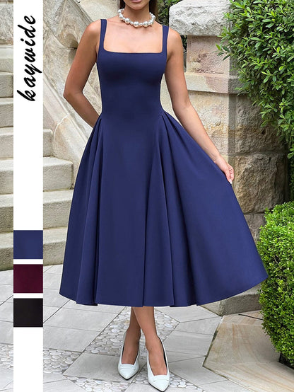 A-Line Midi Dress with Square Neckline and Wide Straps