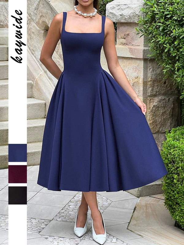 A-Line Midi Dress with Square Neckline and Wide Straps