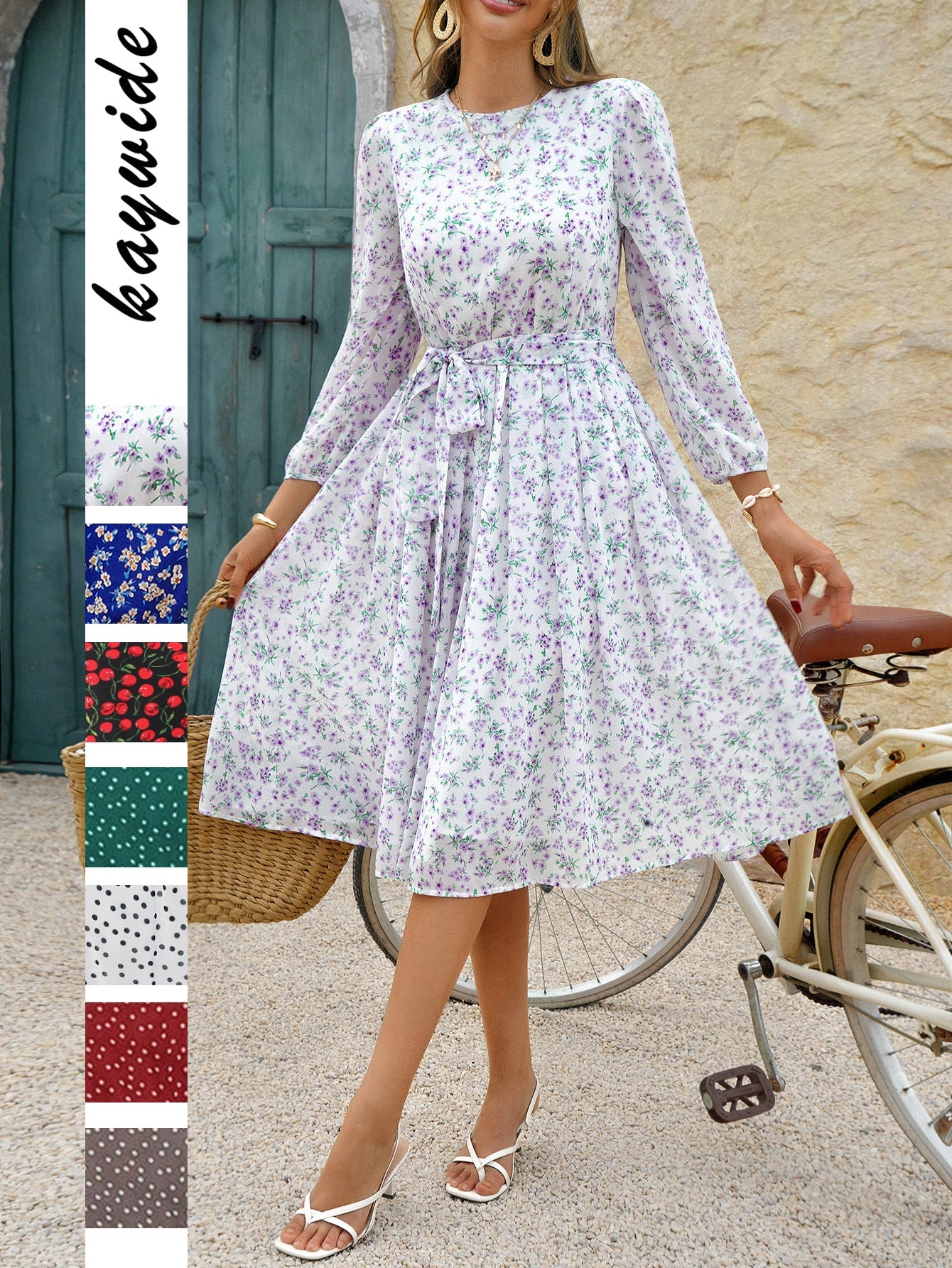 Floral A-Line Midi Dress with Lantern Sleeves